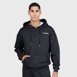 Bluza męska fitness na zamek z kapturem grafitowa Relay. Czarne bluzy sportowe męskie GYMBEAM, bez wzorów, z bawełny, klasyczne, bez kołnierzyka, bez ramiączek. Za 151.90 zł.
