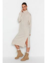 Trendyol Sukienka dzianinowa w kolorze beżowym rozmiar: M. Brązowe sukienki damskie Trendyol, na imprezę, m, bez wzorów, z dzianiny, bez kołnierzyka, bez ramiączek, midi. Za 92.42 zł.