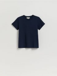 Bawełniany t-shirt - granatowy. Niebieskie t-shirty damskie Reserved, l, bez wzorów, z bawełny, bez kołnierzyka. Za 89.99 zł.