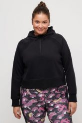 Damskie Bluza krótki fason długi rękaw kaptur. Czarne bluzy sportowe damskie Ulla Popken, plus size, bez wzorów, z bawełny, bez ramiączek, długie, z kapturem. Za 239.99 zł.