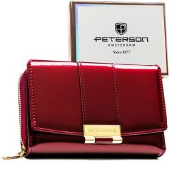 Portfel damski z lakierowanej skóry ekologicznej w śliwkowym kolorze, wyposażony w system RFID - Peterson. Portfele damskie Peterson, bez wzorów, ze skóry ekologicznej. Za 99.99 zł.