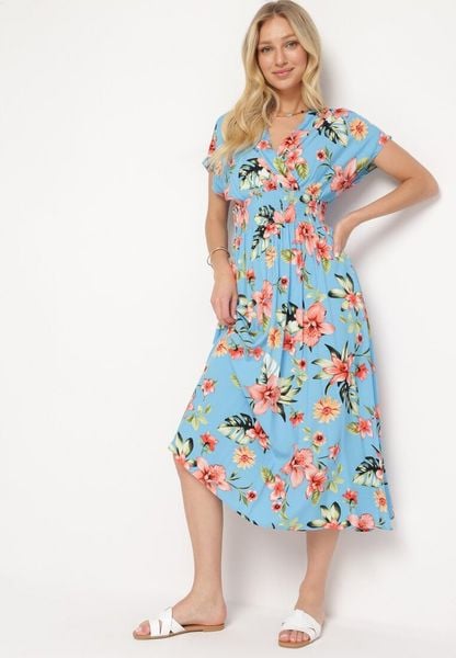Niebieska Kwiecista Sukienka z Kopertowym Dekoltem i Gumką w Pasie Meobia. Niebieskie sukienki damskie Born2be, do pracy, na lato, l, z aplikacjami, z bawełny, biznesowe, bez kołnierzyka, bez ramiączek, midi, kopertowe. Za 69.99 zł.
