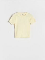 T-shirt w prążek - żółty. Żółte koszulki dziewczęce Reserved, bez wzorów, z dzianiny, bez ramiączek. W wyprzedaży za 27.99 zł.