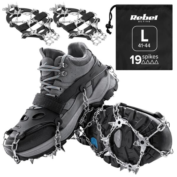 Raczki z kolcami nakładki na buty turystyczne rozmiar L 41-44 REBEL. Szare buty trekkingowe męskie REBEL ACTIVE. Za 49.00 zł.