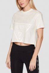 GUESS Kremowy bawełniany t-shirt damski Adele Crop, Rozmiar S. Brązowe t-shirty damskie Guess, s, z aplikacjami, z bawełny, bez kołnierzyka. Za 189.99 zł.