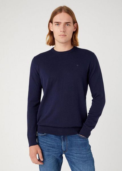 WRANGLER CREWNECK KNIT MĘSKI SWETER ELEGANCKI CIEPŁY LOGO NAVY 112343109 W8A0018103. Niebieskie swetry męskie Wrangler, m, bez wzorów, z bawełny, bez kołnierzyka. Za 149.99 zł.