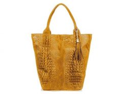 Shopper bag skórzany croco musztardowy L94. Szare shopper bag damskie z aplikacjami, z materiału, małe, zamszowe, bez dodatków. Za 230.99 zł.