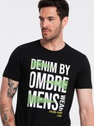 Męski bawełniany t-shirt z dużym napisem – czarny V2 OM-TSPT-0193 - XL. Czarne t-shirty męskie Ombre Clothing, l, bez wzorów, z bawełny, bez kołnierzyka. W wyprzedaży za 29.99 zł.