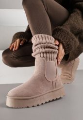 Ciemnobeżowe Śniegowce na Platformie Typu Sztyblety Ahelina. Brązowe śniegowce damskie Renee, z jeansu. Za 89.99 zł.