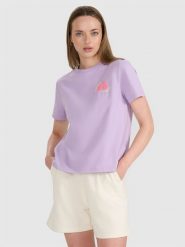 4F T-shirt oversize z nadrukiem damski - fioletowy L. Fioletowe t-shirty damskie 4f, l, bez wzorów, z bawełny, bez kołnierzyka. W wyprzedaży za 39.99 zł.