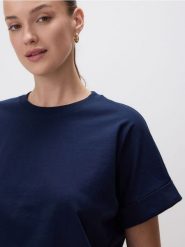 T-shirt kimono - granatowy. Niebieskie t-shirty damskie Reserved, l, bez wzorów, z bawełny, bez kołnierzyka. W wyprzedaży za 39.99 zł.