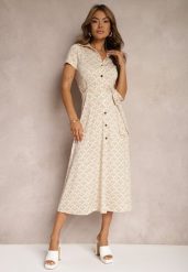Beżowa Taliowana Sukienka z Wiskozą o Kroju Koszulowym z Guzikami i Paskiem Cosofia. Brązowe sukienki damskie Renee, l, bez wzorów, z jeansu, eleganckie, bez kołnierzyka, bez ramiączek, midi, koszulowe. W wyprzedaży za 159.99 zł.