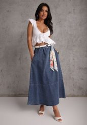 Granatowa Bawełniana Spódnica Jeansowa o Rozkloszowanym Kroju z Ozdobnym Paskiem Eatiane. Niebieskie spódniczki damskie Renee, l, bez wzorów, z bawełny, klasyczne, midi, rozkloszowane. Za 179.99 zł.