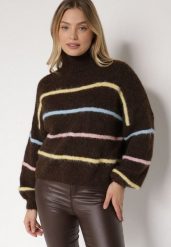 Brązowy Golf z Wełną Ozdobiony Paskami Reisorria. Brązowe golfy damskie Born2be, uniwersalny, bez wzorów, z jeansu, bez ramiączek. Za 159.99 zł.