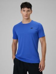 4F Koszulka treningowa regular szybkoschnąca męska - niebieska M. Niebieskie t-shirty sportowe męskie 4f, m, ze skóry, bez ramiączek, na fitness i siłownię. Za 79.99 zł.