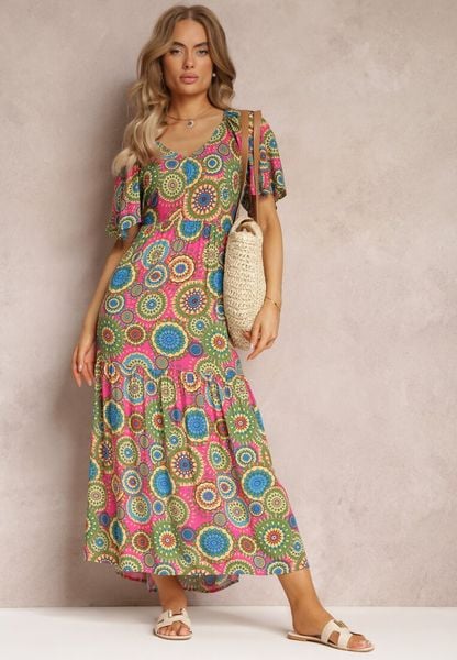 Fuksjowo-Zielona Wiskozowa Sukienka Maxi w Kwiaty z Rozkloszowanym Dołem i Falbanką Pathna. Czerwone sukienki damskie Renee, na co dzień, s, bez wzorów, z wiskozy, bez kołnierzyka, bez ramiączek, maxi, rozkloszowane. Za 69.99 zł.