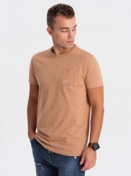 Bawełniany męski t-shirt z nadrukiem na kieszonce – jasnobrązowy V7 OM-TSPT-0154 - XXL. Brązowe t-shirty męskie Ombre Clothing, l, bez wzorów, z bawełny, bez kołnierzyka. Za 89.99 zł.
