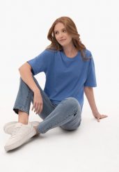 Gładki t-shirt, Comfort Fit, T-RODOS. Niebieskie t-shirty damskie Volcano, l, z aplikacjami, z bawełny, bez kołnierzyka. Za 59.99 zł.