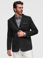Dzianinowa marynarka męska o dopasowany kroju SLIM FIT - czarna V5. Czarne marynarki męskie Ombre Clothing, bez wzorów, z bawełny. Za 379.99 zł.