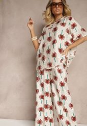 Bordowy Komplet z Wiskozy Zdobiony Printem w Palmy Szerokie Spodnie i T-shirt Zioleana. Czerwone spodnie materiałowe damskie Renee, z aplikacjami, z materiału, eleganckie. Za 74.99 zł.