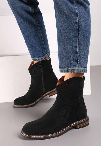 Czarne Ażurowe Botki ze Skórzaną Wkładką Tinatalie. Czarne botki damskie Renee, na lato, z jeansu, biznesowe, bez obcasa, na obcasie, bez zapięcia. Za 159.99 zł.