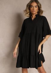 Czarna Rozkloszowana Sukienka z Wiskozą i Falbanami Eviranna. Czarne sukienki damskie Renee, na co dzień, na lato, bez wzorów, z wiskozy, eleganckie, bez kołnierzyka, bez ramiączek, midi, rozkloszowane. W wyprzedaży za 62.99 zł.