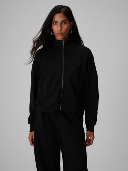 4F Bluza dresowa loose bez kaptura damska - czarna XS. Czarne bluzy bez kaptura damskie 4f, s, bez wzorów, z dresówki, bez ramiączek, bez kaptura. Za 169.99 zł.