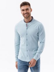 Koszula męska dzianinowa z długim rękawem - błękitna V3 - Rozmiar: XXL. Niebieskie koszule męskie Ombre Clothing, m, bez wzorów, z dzianiny, bez kołnierzyka, bez ramiączek. W wyprzedaży za 39.99 zł.