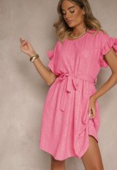 Fuksjowa Sukienka z Paskiem i Falbankami przy Rękawach Folunelle. Czerwone sukienki damskie Renee, na co dzień, bez wzorów, eleganckie, bez kołnierzyka, bez ramiączek, mini. W wyprzedaży za 62.99 zł.