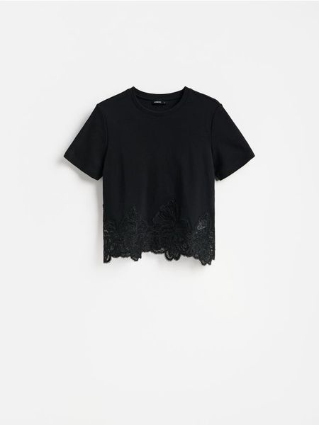 T-shirt z koronką - czarny. Czarne t-shirty damskie Reserved, l, bez wzorów, z bawełny, bez kołnierzyka. Za 89.99 zł.