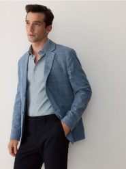 Marynarka slim fit w kratę - niebieski. Niebieskie marynarki męskie Reserved, bez wzorów, z tkaniny. W wyprzedaży za 199.99 zł.