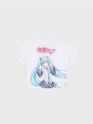 Bawełniana koszulka z krótkim rękawem Hatsune Miku - biały. Białe koszulki dziewczęce Sinsay, l, bez wzorów, z bawełny, bez ramiączek. Za 25.99 zł.