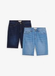 Bermudy dżinsowe dresowe Slim Fit (2 pary). Niebieskie szorty męskie bonprix, bez wzorów, z dresówki. Za 219.99 zł.
