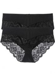 Figi panty (2 pary). Czarne figi damskie bonprix, bez wzorów, z koronki. Za 64.99 zł.