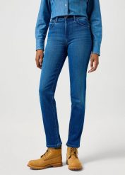 WRANGLER DAMSKIE SPODNIE JEANSOWE STRAIGHT AGATE BLUE 112356388 W26R017457. Niebieskie spodnie materiałowe damskie Wrangler, bez wzorów, z jeansu. Za 229.99 zł.