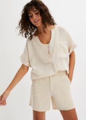 Bluzka muślinowa z krótki rękawem. Czarne bluzki damskie bonprix, bez wzorów, eleganckie, bez kołnierzyka, bez ramiączek. Za 102.99 zł.