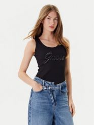 Guess Top W5YP00 KCXJ2 Czarny Regular Fit. Czarne topy damskie Guess, s, z aplikacjami, z syntetyku, bez kołnierzyka. Za 169.99 zł.