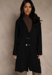 Czarny Płaszcz Dwurzędowy o Długim Kroju w Eleganckim Stylu Saratusa. Czarne płaszcze damskie Renee, bez wzorów, z jeansu, biznesowe. Za 129.99 zł.