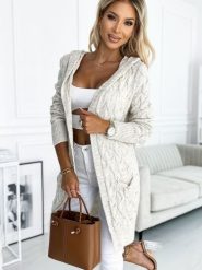 Sweter Kardigan Model 491-1 Beige Warkocz - Numoco. Brązowe kardigany damskie Numoco, plus size, bez wzorów, z elastanu. Za 209.40 zł.