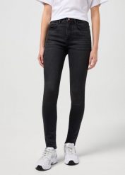 DAMSKIE SPODNIE WRANGLER HIGH SKINNY BLACK 112352302. Czarne spodnie materiałowe damskie Wrangler, bez wzorów, z jeansu. Za 219.99 zł.