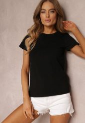 Czarny T-shirt z Linii Basic Apoxis. Czarne t-shirty damskie Renee, bez wzorów, bez kołnierzyka. Za 34.99 zł.
