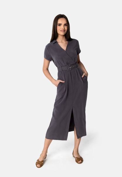 Letnia sukienka casual G-LABISI. Szare sukienki damskie Volcano, na co dzień, na lato, xl, bez wzorów, z lyocellu, casualowe, bez kołnierzyka, bez ramiączek, maxi, kopertowe. Za 199.99 zł.