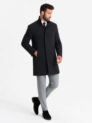 Dopasowany strukturalny męski płaszcz z wysokim kołnierzem – czarny V1 - Rozmiar: S. Czarne płaszcze męskie Ombre Clothing, m, z aplikacjami, z materiału, eleganckie. Za 519.99 zł.