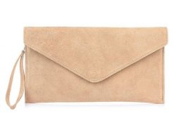 Skórzana kopertówka beżowa N12. Brązowe torebki wieczorowe bez wzorów, z materiału, eleganckie, bez kołnierzyka, bez ramiączek. Za 93.49 zł.