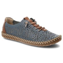 Półbuty damskie Rieker, ze skóry naturalnej z ażurową cholewką i elastyczną lekką podeszwą, niebieskie, M2856-12. Niebieskie półbuty damskie Rieker, w ażurowe wzory, z materiału, biznesowe, bez obcasa, na płaskiej podeszwie. Za 329.00 zł.