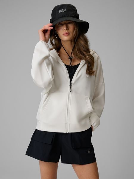 4F Bluza dresowa regular z kapturem damska - biała L. Białe bluzy z kapturem damskie 4f, l, z dresówki. Za 199.99 zł.