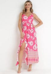 Fuksjowa Sukienka Maxi na Cienkich Ramiączkach i Materiałowym Paskiem Adakila. Czerwone sukienki damskie Born2be, l, bez wzorów, z materiału, eleganckie, bez kołnierzyka, bez ramiączek, maxi. W wyprzedaży za 63.99 zł.