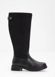 Kozaki z szeroką cholewką. Czarne kozaki damskie bonprix, z materiału, bez obcasa. Za 199.99 zł.