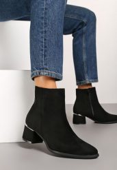 Czarne Botki na Słupku Ozdobione Metaliczną Aplikacją Deotha. Czarne botki damskie Renee, z jeansu, eleganckie, bez obcasa, na obcasie, bez zapięcia. Za 119.99 zł.