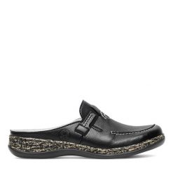 Klapki Rieker. Czarne klapki damskie Rieker, bez wzorów, bez obcasa. Za 239.99 zł.
